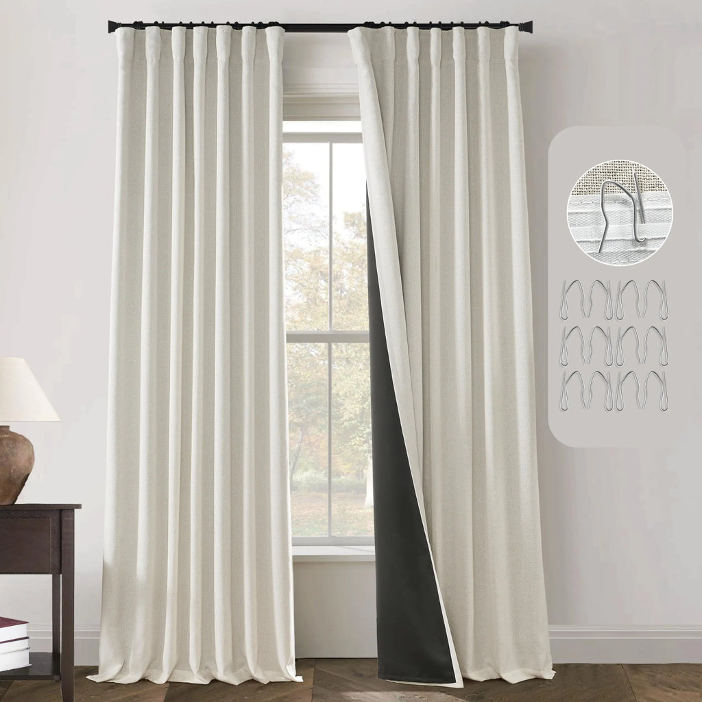 White cute kids blackout curtains hanging on black rod with blackout lining and curtain hooks