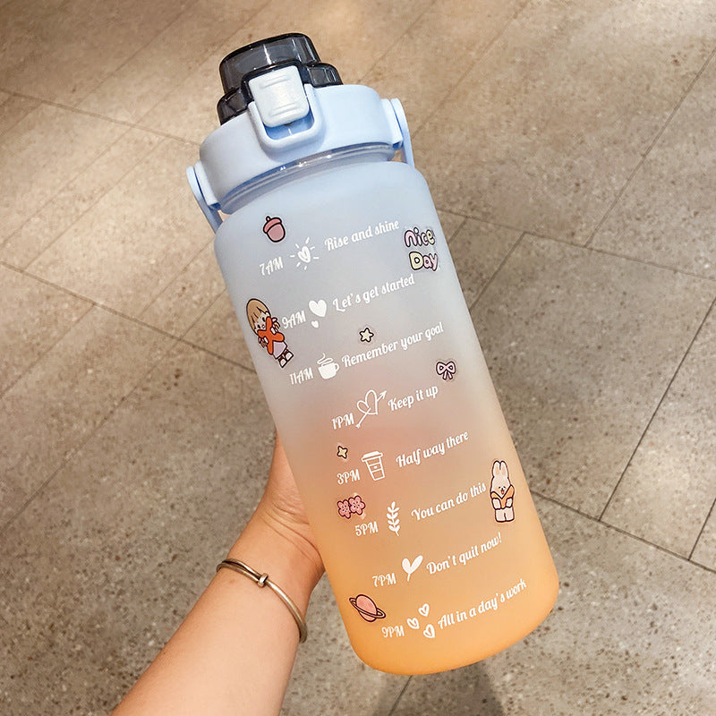 Shopi Vella cute water bottle with straw featuring motivational time markers and pastel gradient design