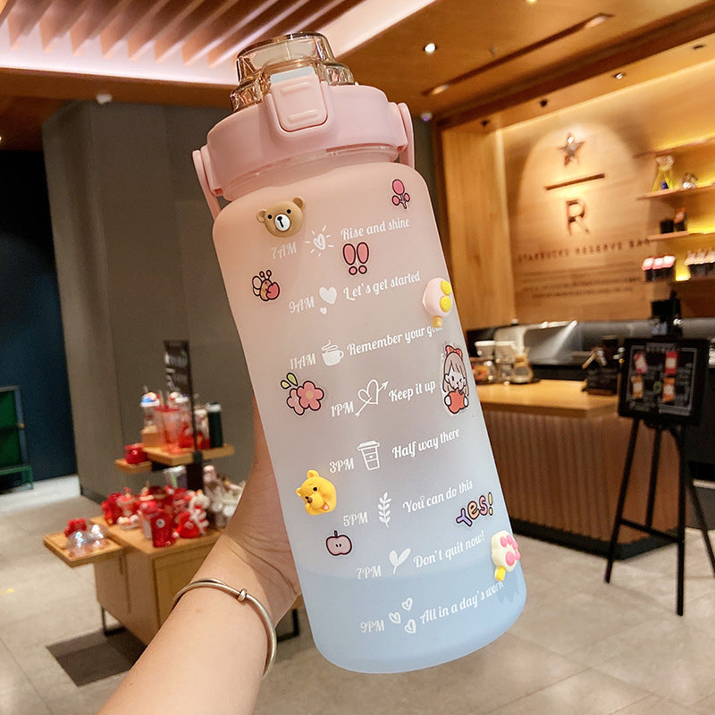 Shopi Vella cute water bottle with straw featuring motivational time markers and decorative animal stickers