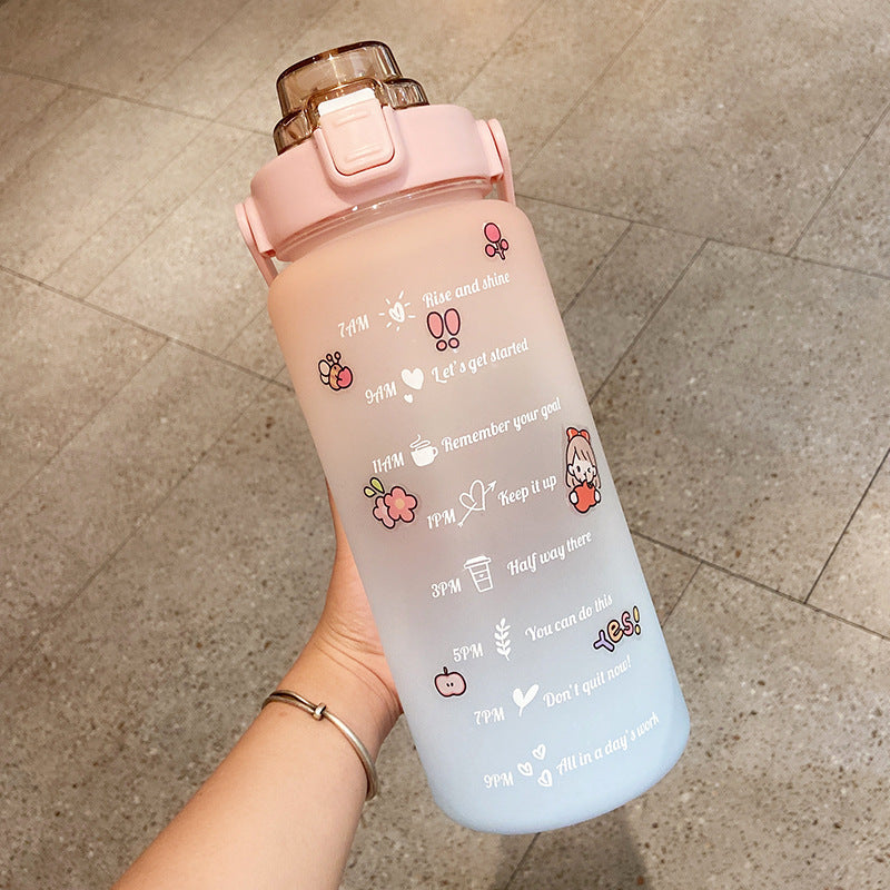 Shopi Vella cute water bottle with straw in pink and blue gradient featuring motivational time markers