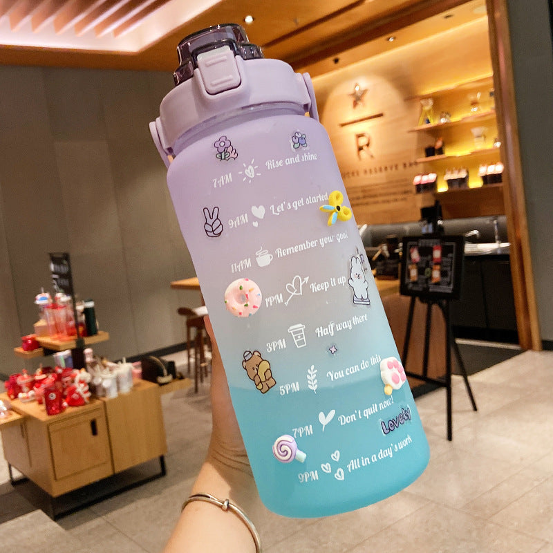 Shopi Vella cute water bottle with straw in purple and blue gradient with motivational time markers