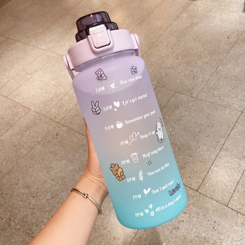 Shopi Vella cute water bottle with straw in purple and blue gradient featuring motivational time markers