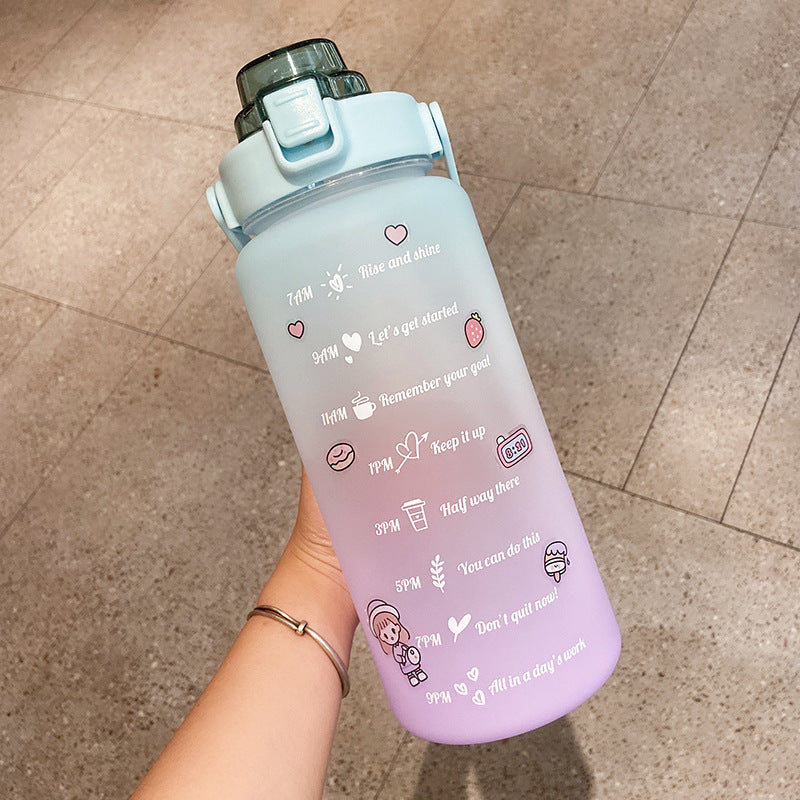 Shopi Vella cute water bottle with straw in pastel gradient with motivational time markers
