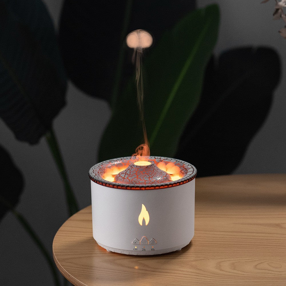 Shopi Vella color changing humidifier with night light on wooden table emitting mist