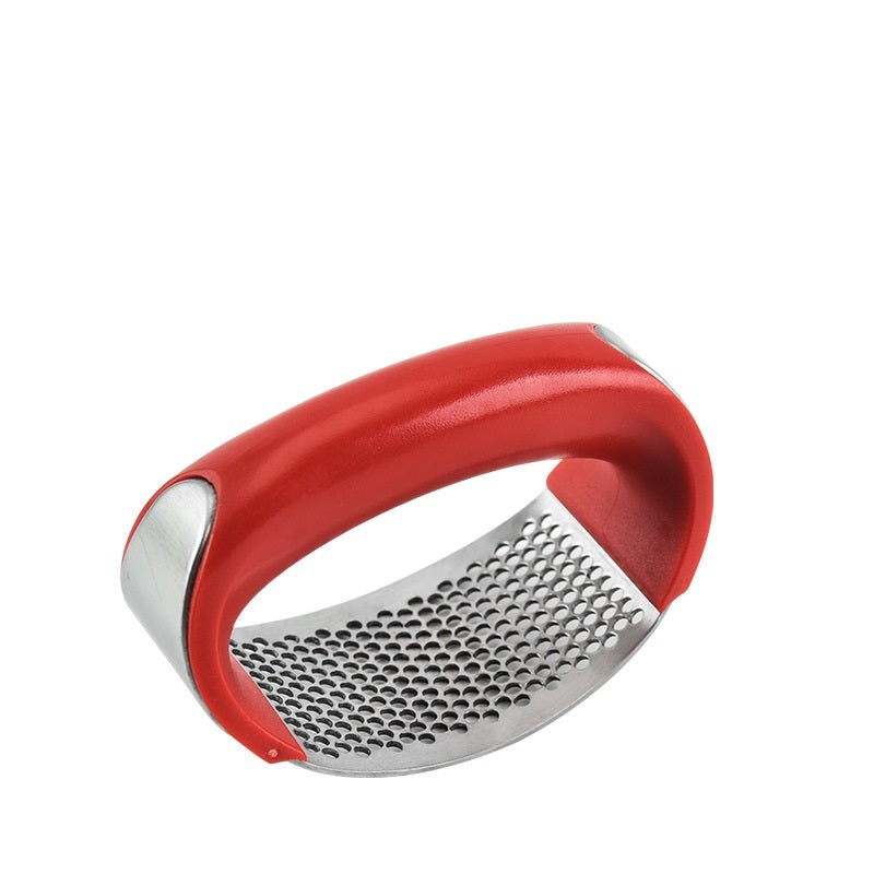 Shopi Vella stainless steel garlic press with ergonomic red handle for easy kitchen storage