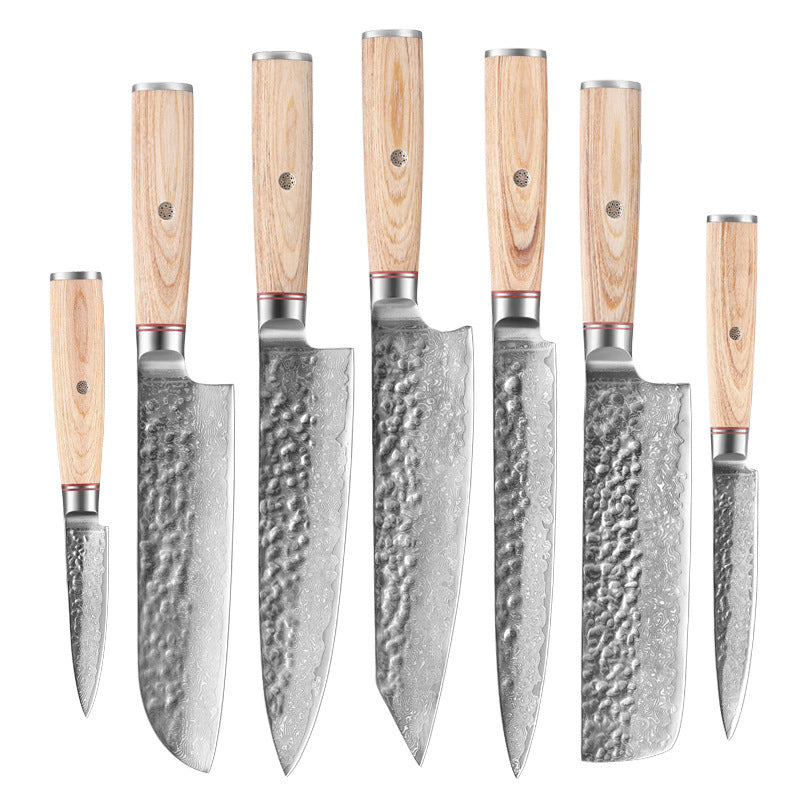 Set of Shopi Vella Damascus steel kitchen knife collection with hammered blades and wooden handles