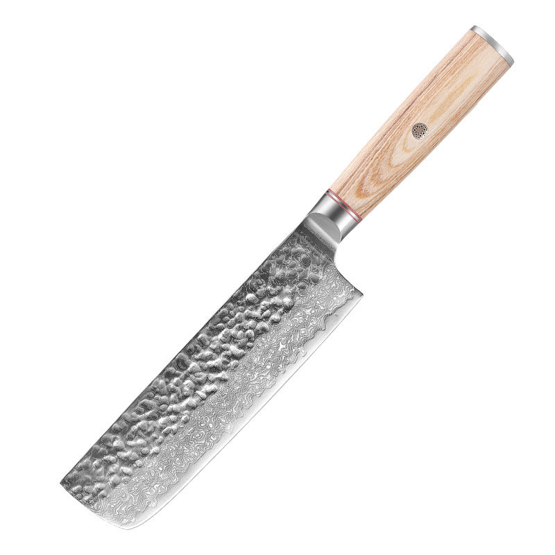 Shopi Vella Damascus steel kitchen knife with hammered blade and wooden handle