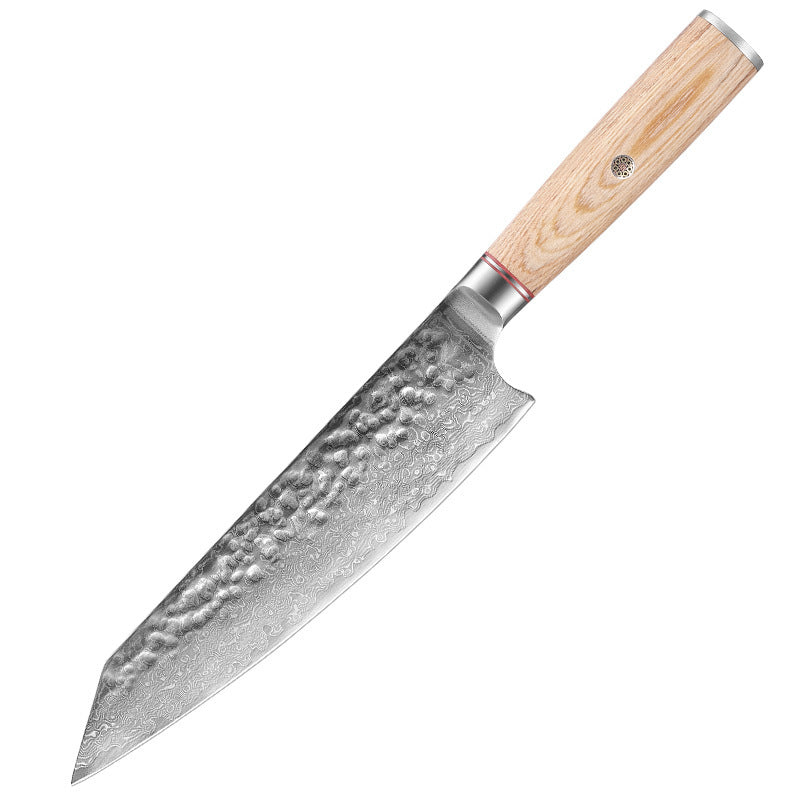Shopi Vella Damascus steel kitchen knife with hammered textured blade and wooden handle