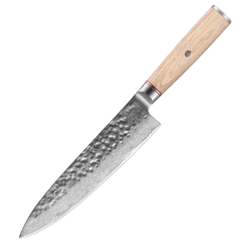 Shopi Vella Damascus steel kitchen knife with hammered blade and wooden handle for precise cutting