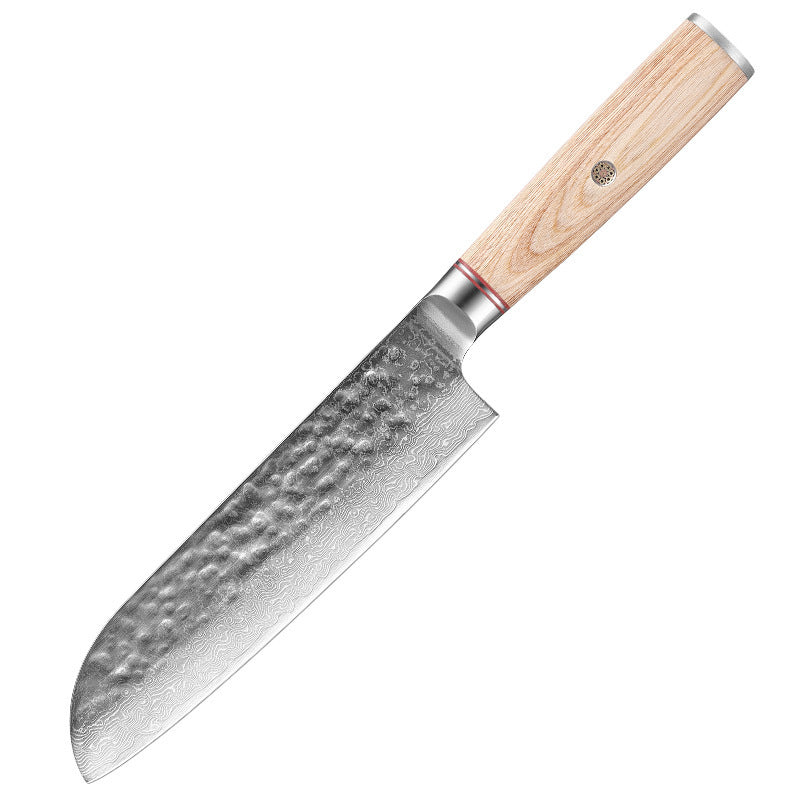 Shopi Vella Damascus steel kitchen knife with hammered blade and light wooden handle