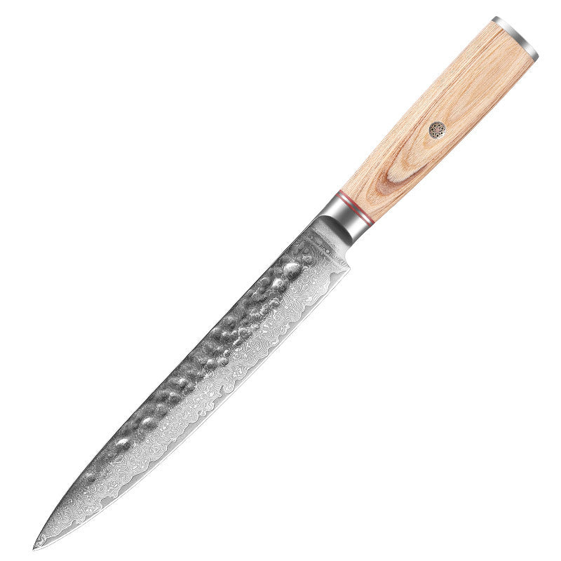 Shopi Vella Damascus steel kitchen knife with hammered blade and natural wood handle