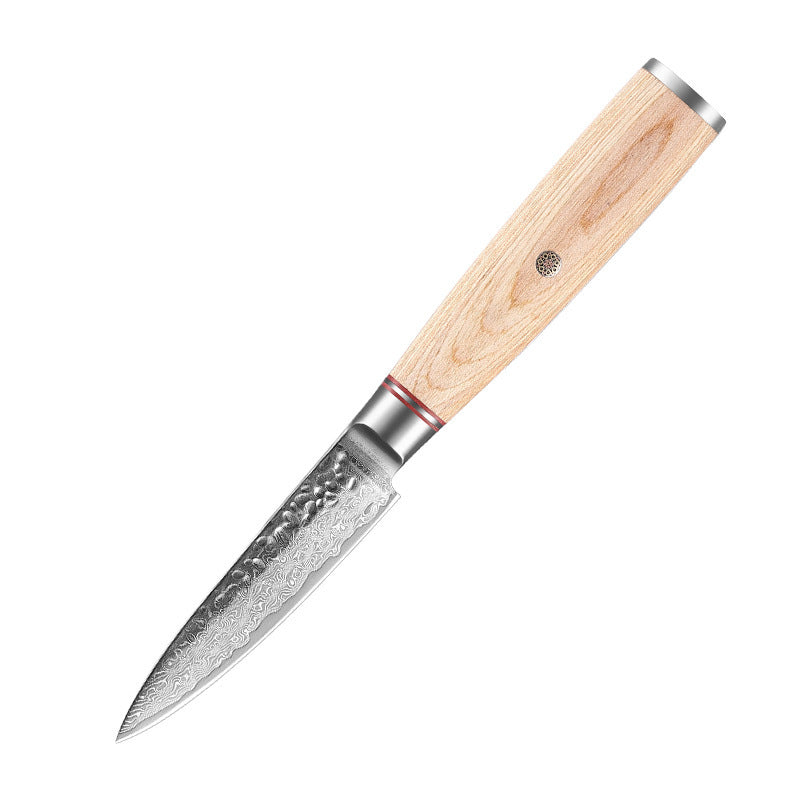 Shopi Vella Damascus steel kitchen knife with patterned blade and natural wood handle