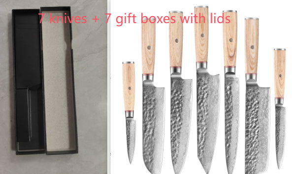Set of seven Damascus steel kitchen knife blades with wooden handles and black gift boxes with lids