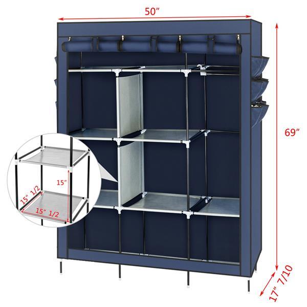 Shopi Vella dark blue fabric wardrobe with multiple shelves and hanging rod for clothing storage