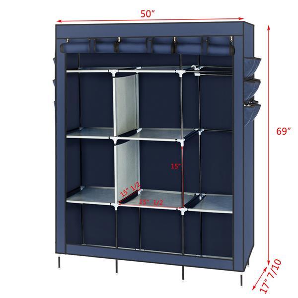 Shopi Vella dark blue fabric wardrobe with multiple shelves and hanging rod for organized clothing storage