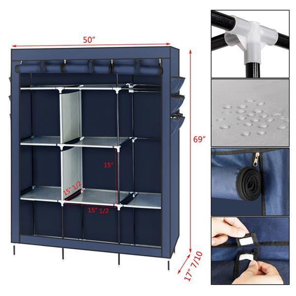 Shopi Vella dark blue fabric wardrobe with metal frame, multiple shelves, and zippered closure