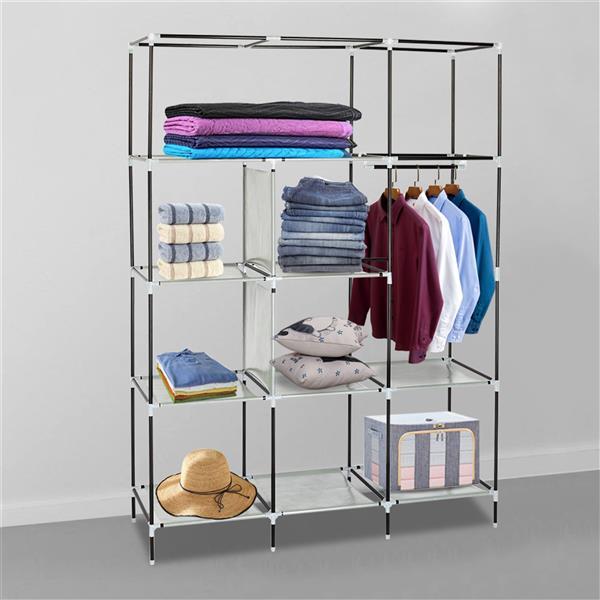 Shopi Vella dark blue fabric wardrobe with multiple shelves and hanging space for organized clothing storage