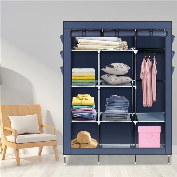 Shopi Vella dark blue fabric wardrobe with multiple shelves and hanging space for clothing storage