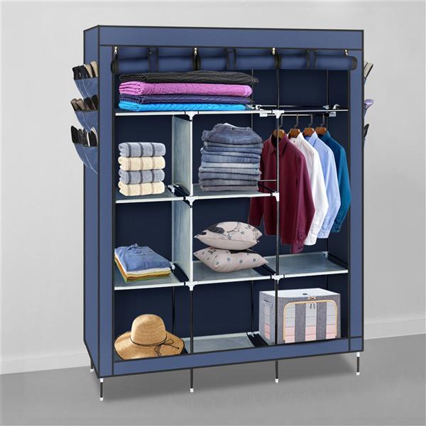 Shopi Vella dark blue fabric wardrobe with multiple shelves and hanging space for clothes and accessories