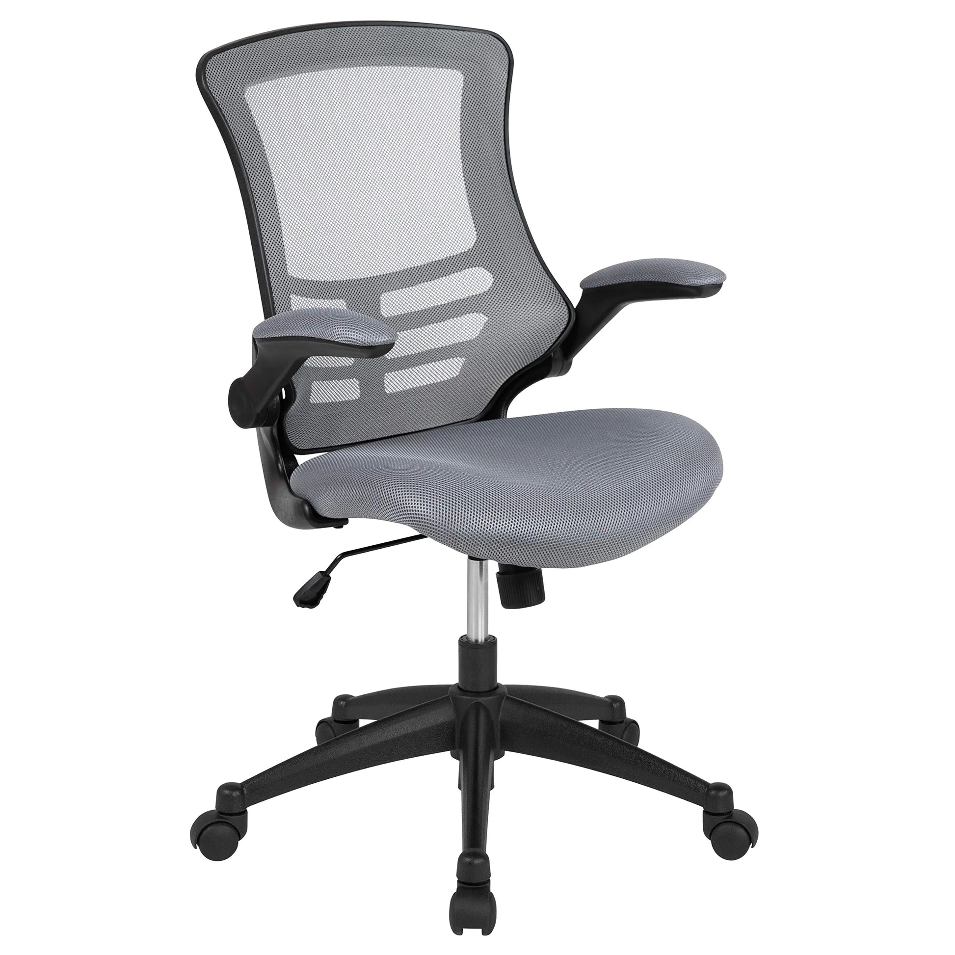 Ergonomic dark gray swivel office chair with mesh backrest and adjustable armrests