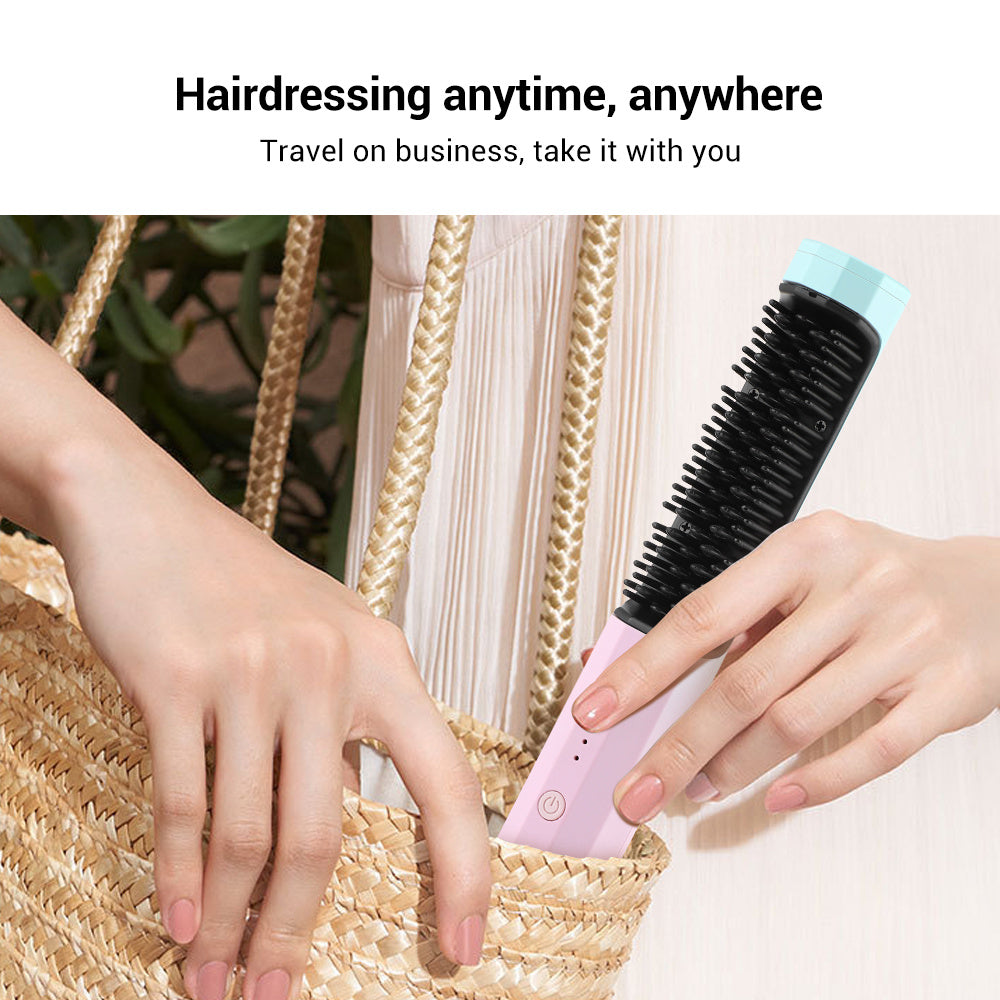 Rechargeable hair straightening comb being placed into a woven handbag for portable hairdressing