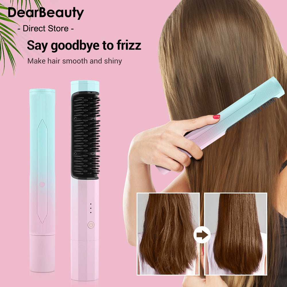 Rechargeable hair straightening comb in pink and blue used for smoothing and reducing frizz in long brown hair