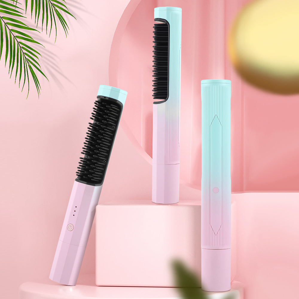 Shopi Vella rechargeable hair straightening comb in pastel colors displayed on a pink platform