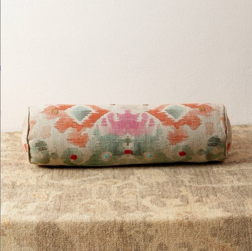 Shopi Vella decorative bolster pillow case with colorful abstract pattern on textured fabric