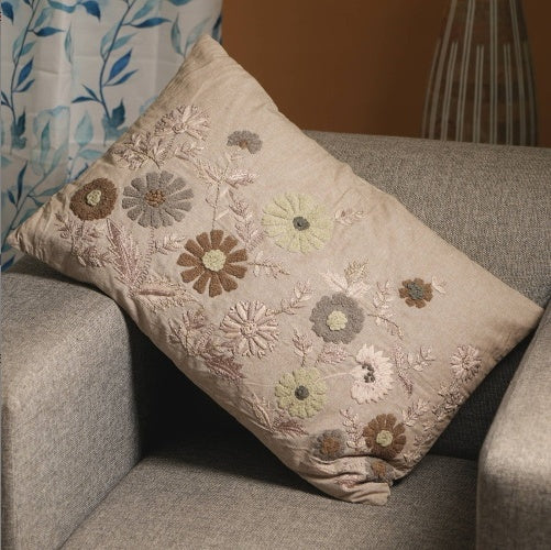 Shopi Vella decorative floral pillow for sofa with embroidered flowers in neutral colors