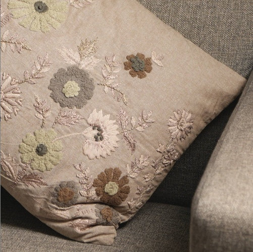 Shopi Vella decorative floral pillow for sofa with embroidered beige and pastel flowers