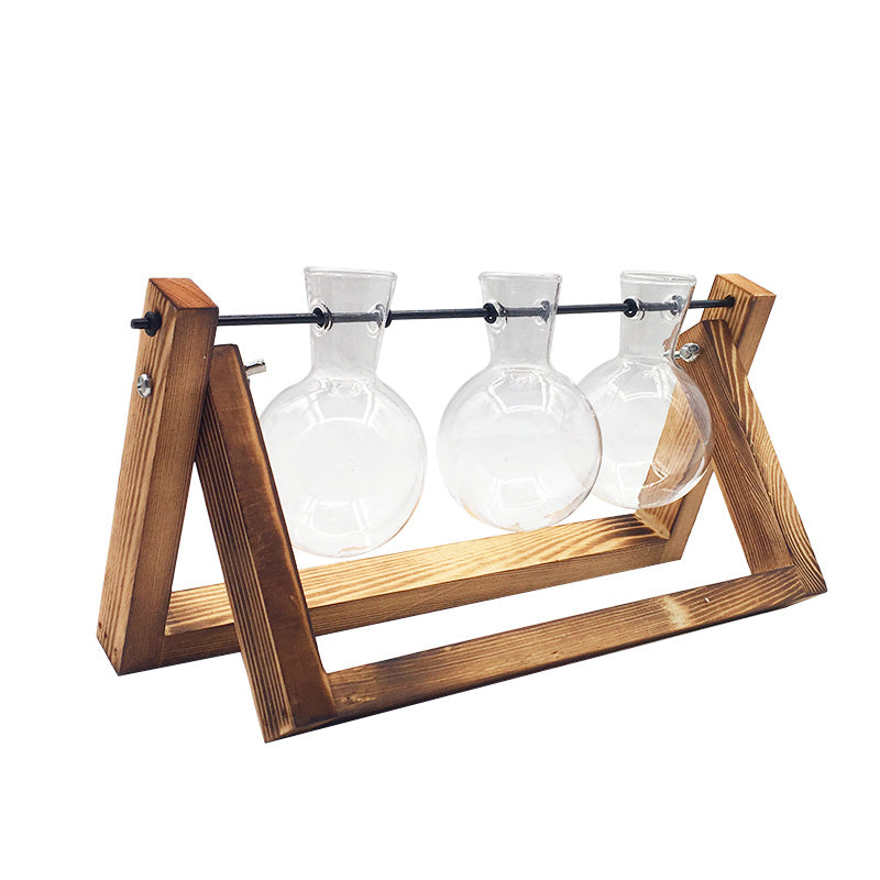 Shopi Vella decorative glass vase for indoor plants with three clear glass bottles on wooden stand