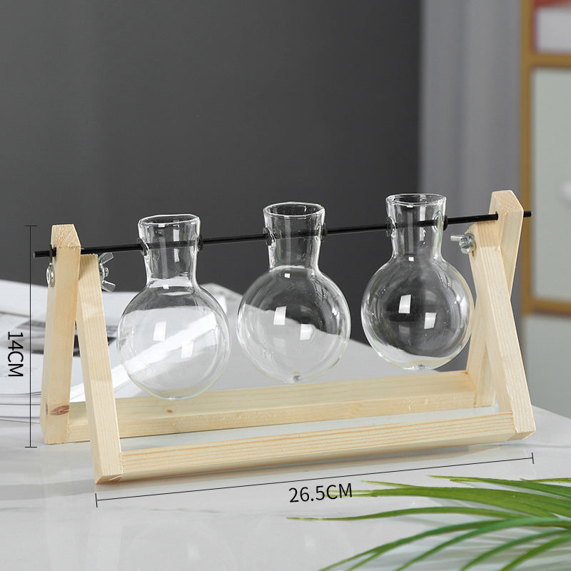 Shopi Vella decorative glass vase for indoor plants with three clear glass bulbs in wooden frame