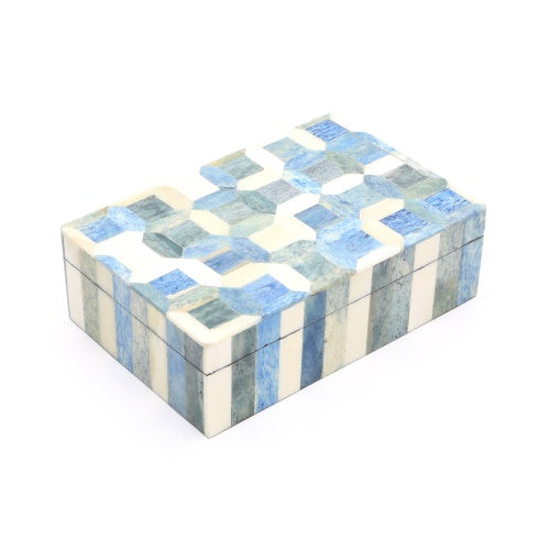 Shopi Vella decorative storage box with blue and white geometric mosaic pattern