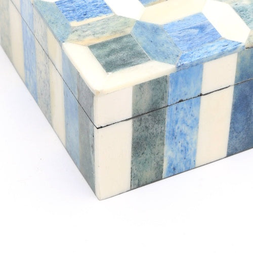Shopi Vella decorative storage box with blue and white geometric pattern and marble texture