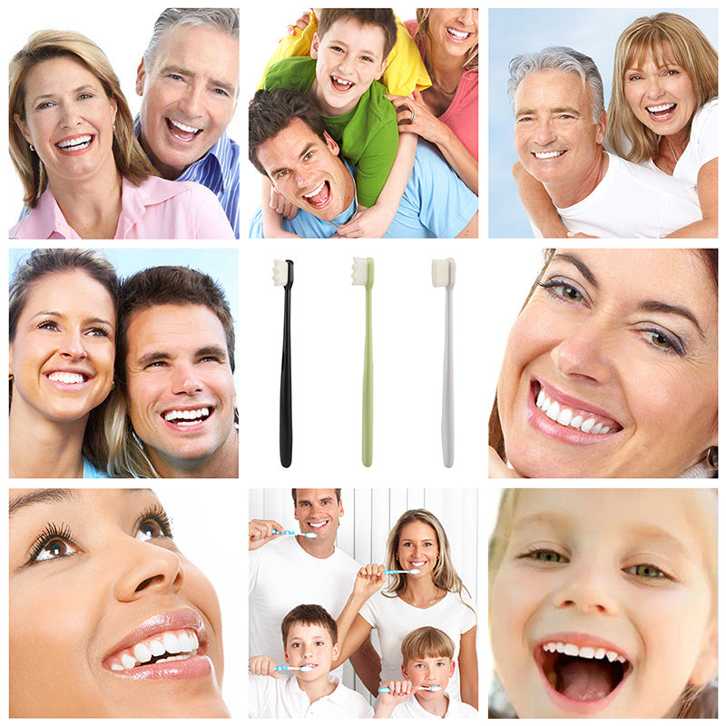 Deep cleaning toothbrush for travel with black, green, and white handles shown with happy families smiling and brushing teeth
