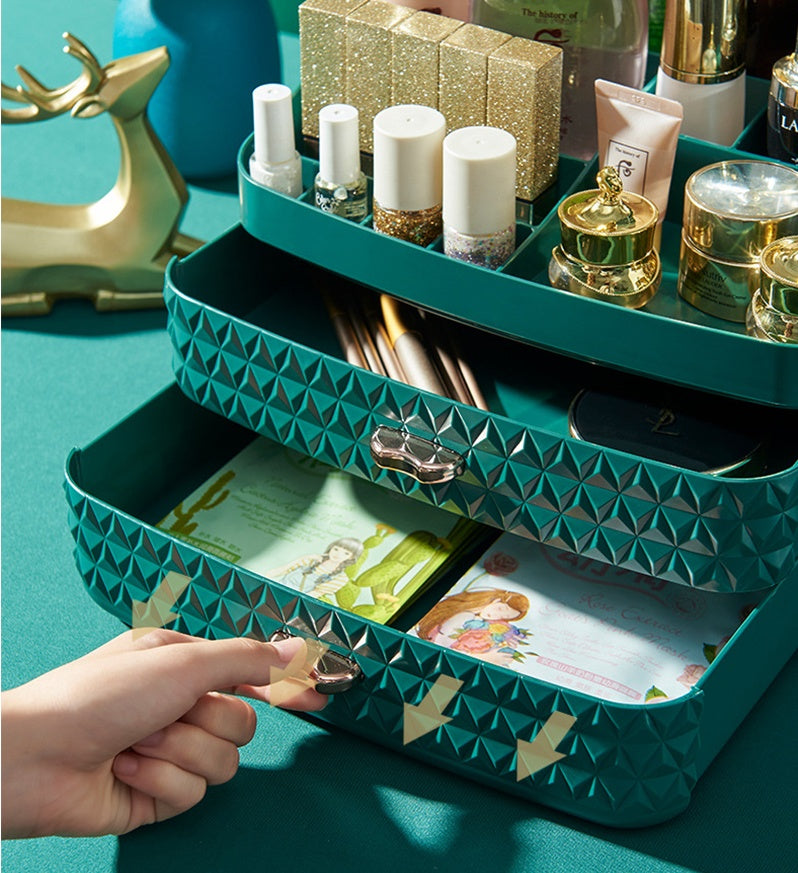 Shopi Vella desktop cosmetics storage box in teal with textured drawers organizing makeup and skincare products