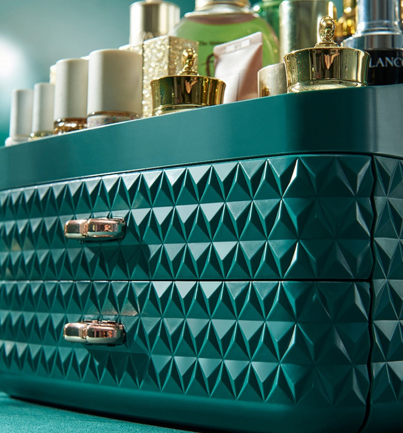 Shopi Vella desktop cosmetics storage box in green with textured design and gold-handled drawers
