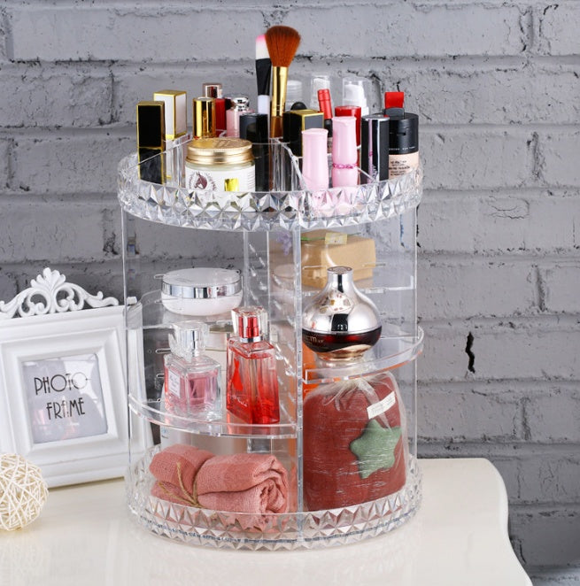 Shopi Vella clear diamond wave makeup organizer with multiple compartments holding cosmetics and brushes