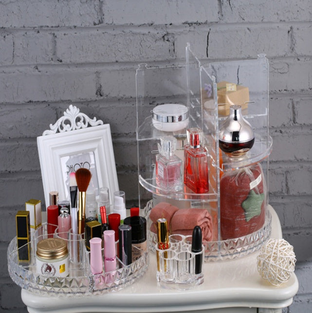 Shopi Vella diamond wave makeup organizer with clear acrylic design holding various makeup bottles and jars