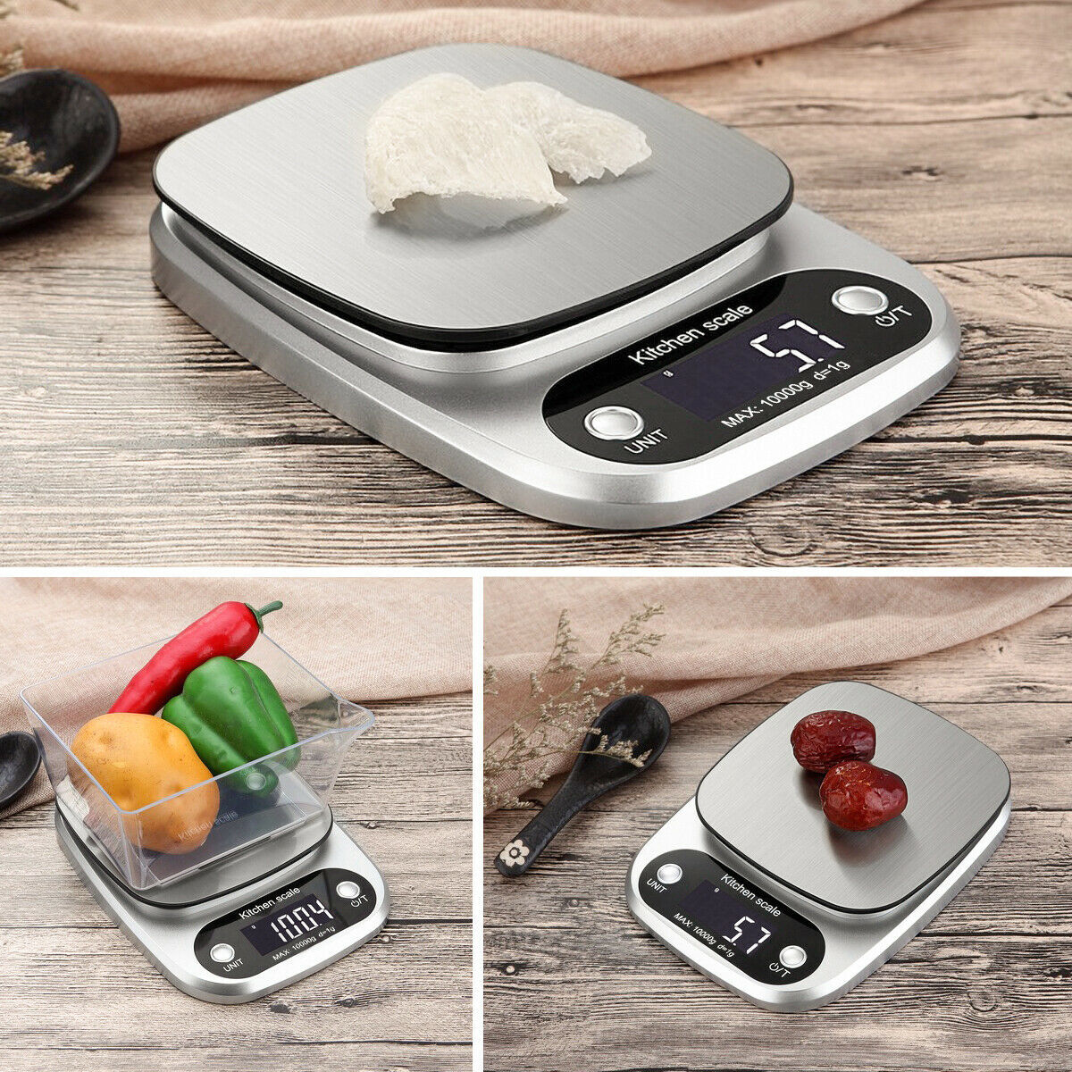 Shopi Vella digital kitchen food scale with stainless steel platform and clear LCD display for precise measuring