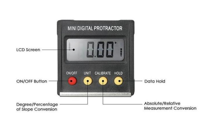 Shopi Vella magnetic angle gauge for woodworking with LCD screen and measurement conversion buttons