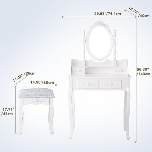 Shopi Vella white vanity table with oval mirror and cushioned stool girls bedroom furniture set