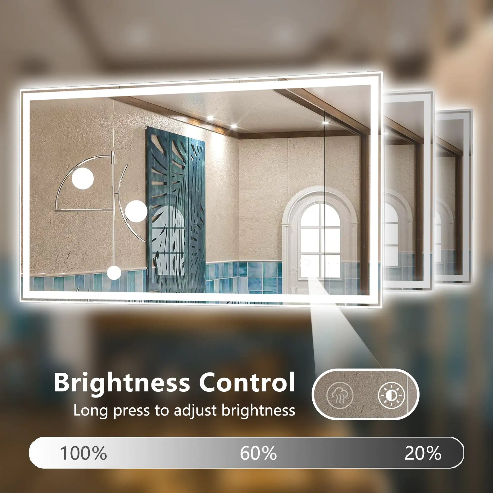 Dimmable LED bathroom mirror with adjustable brightness control and modern rectangular design