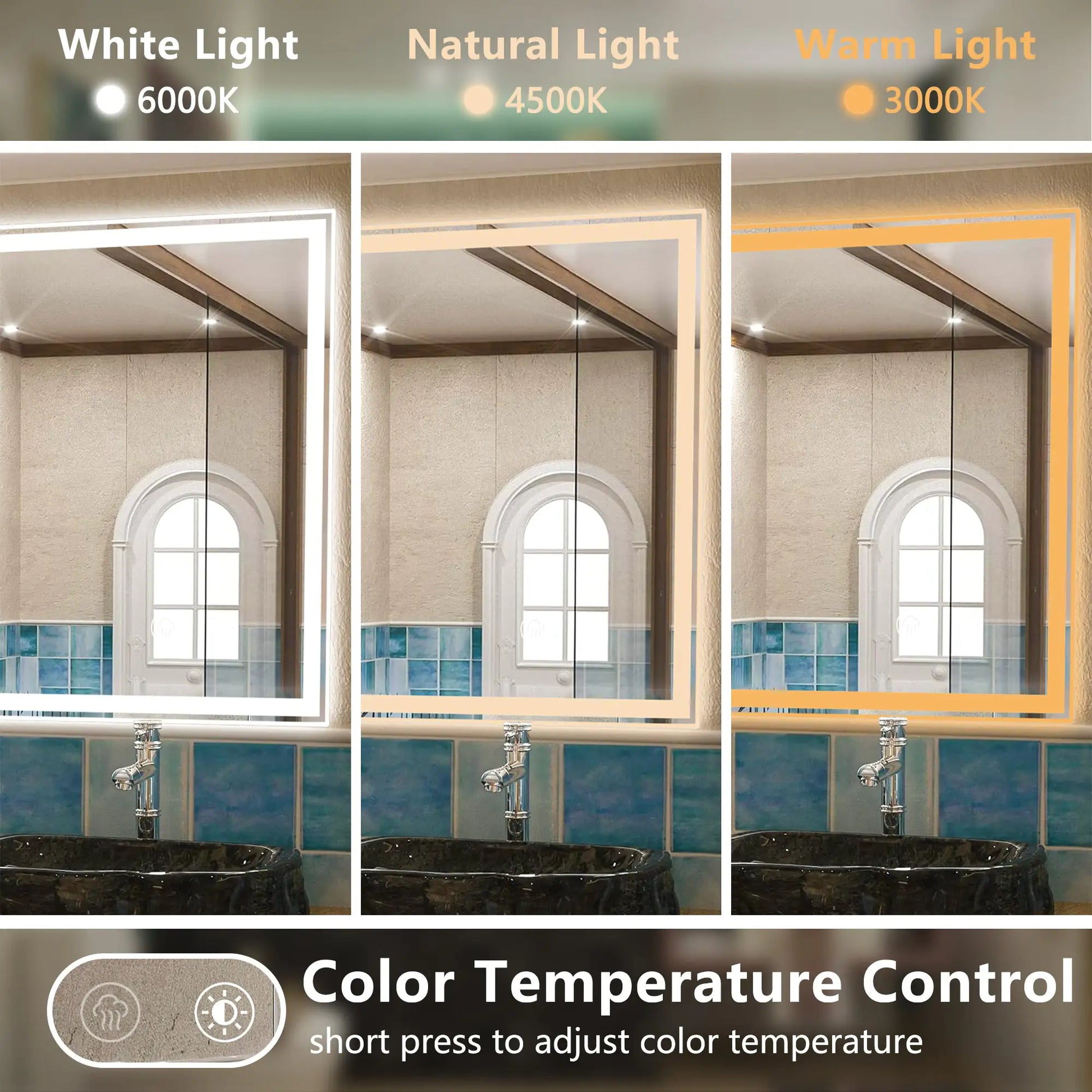 Dimmable LED bathroom mirror showing white, natural, and warm light color temperature control options