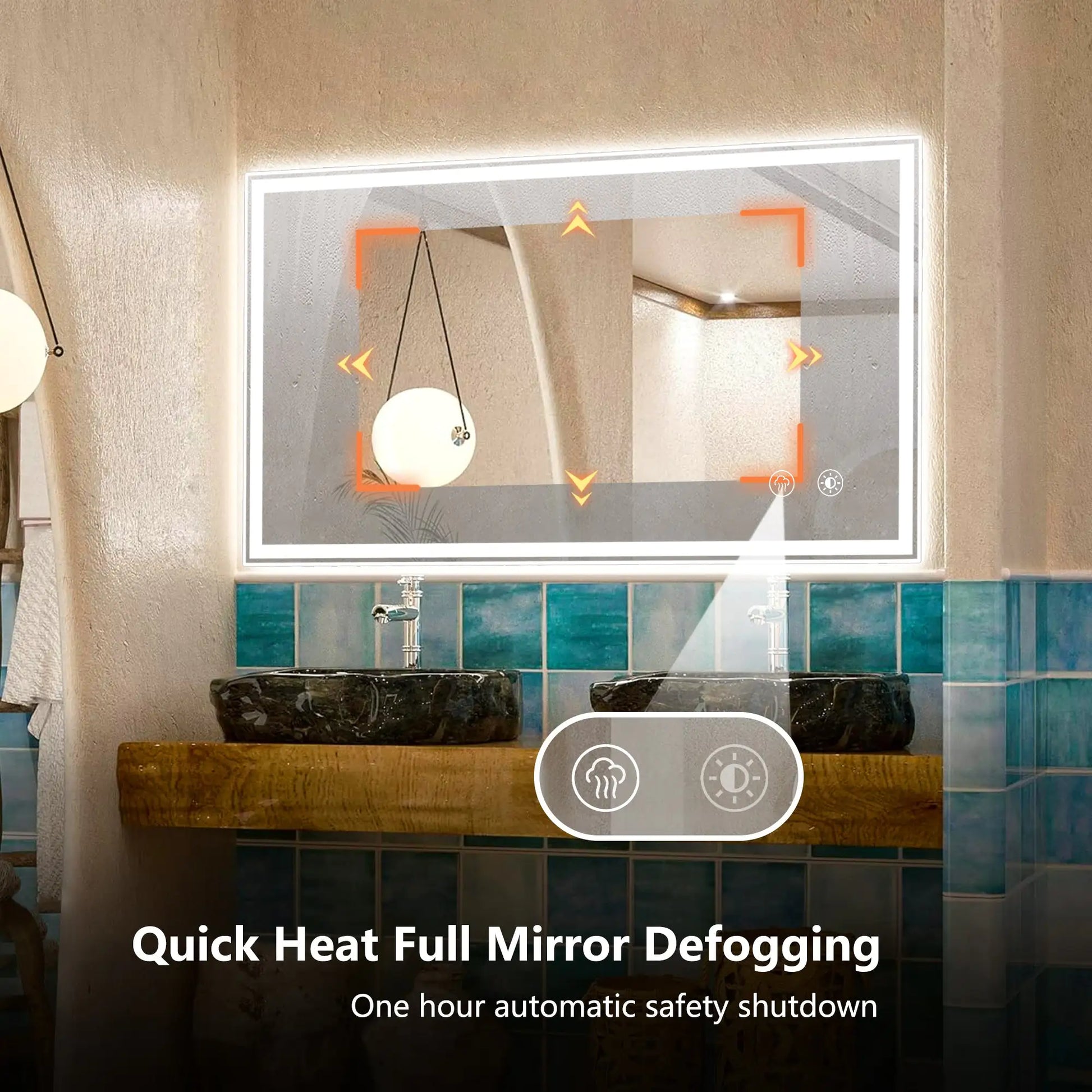 Dimmable LED bathroom mirror with quick heat full mirror defogging feature installed above double sinks
