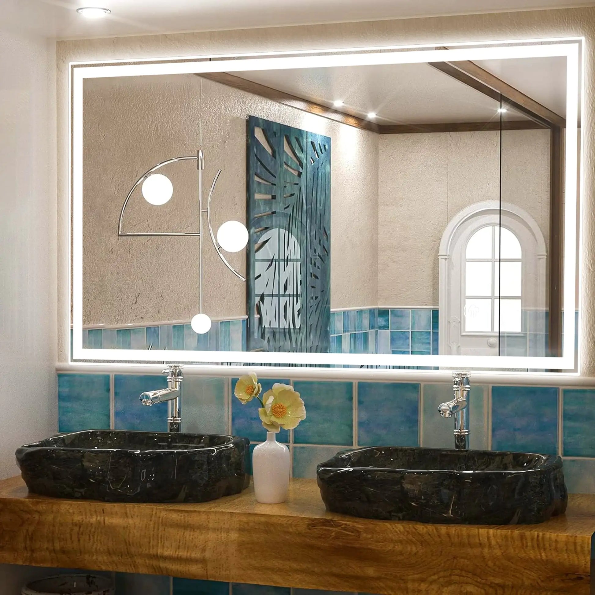 Modern bathroom with dimmable LED bathroom mirror and black stone sinks on wooden countertop