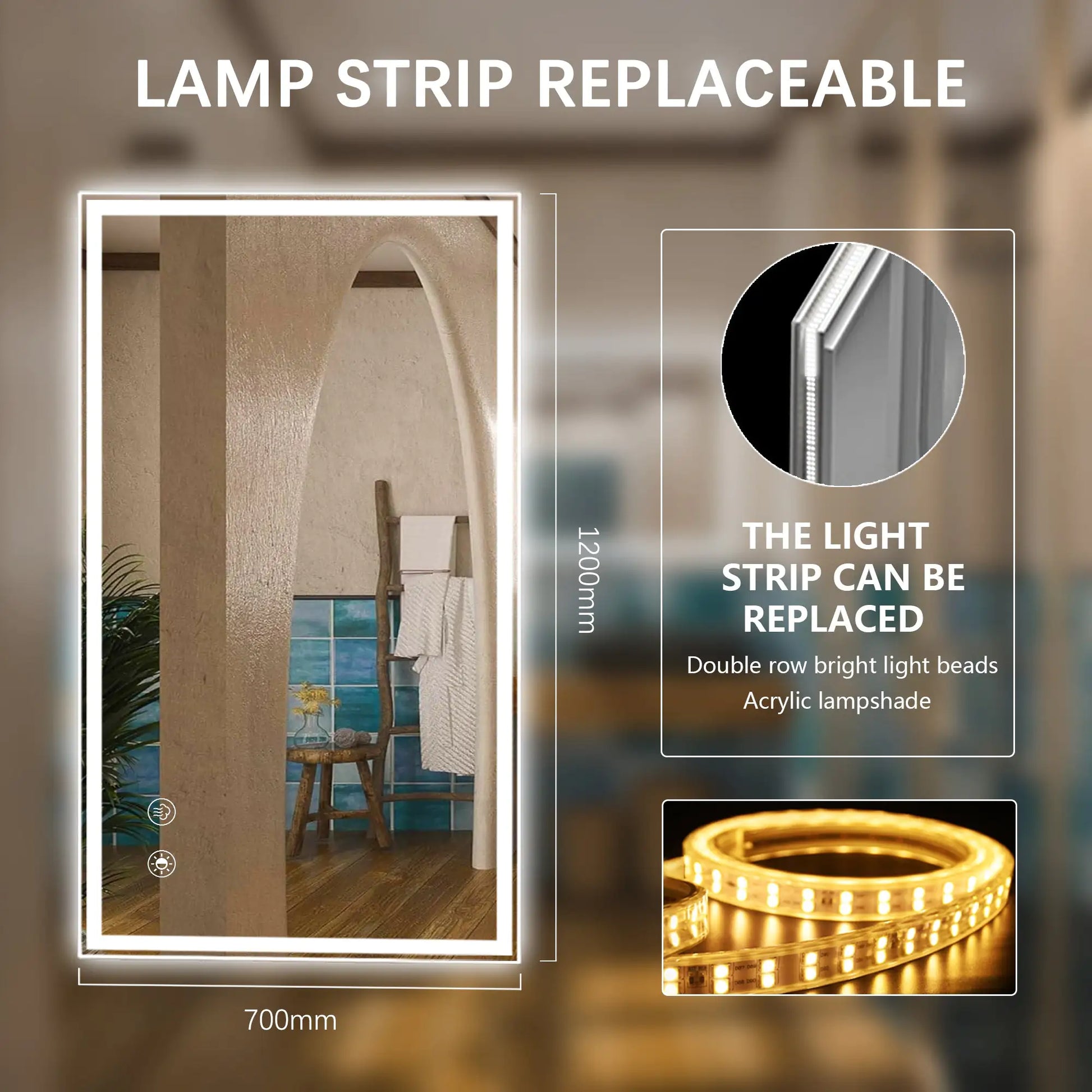 Dimmable LED bathroom mirror with replaceable lamp strip and double row bright light beads