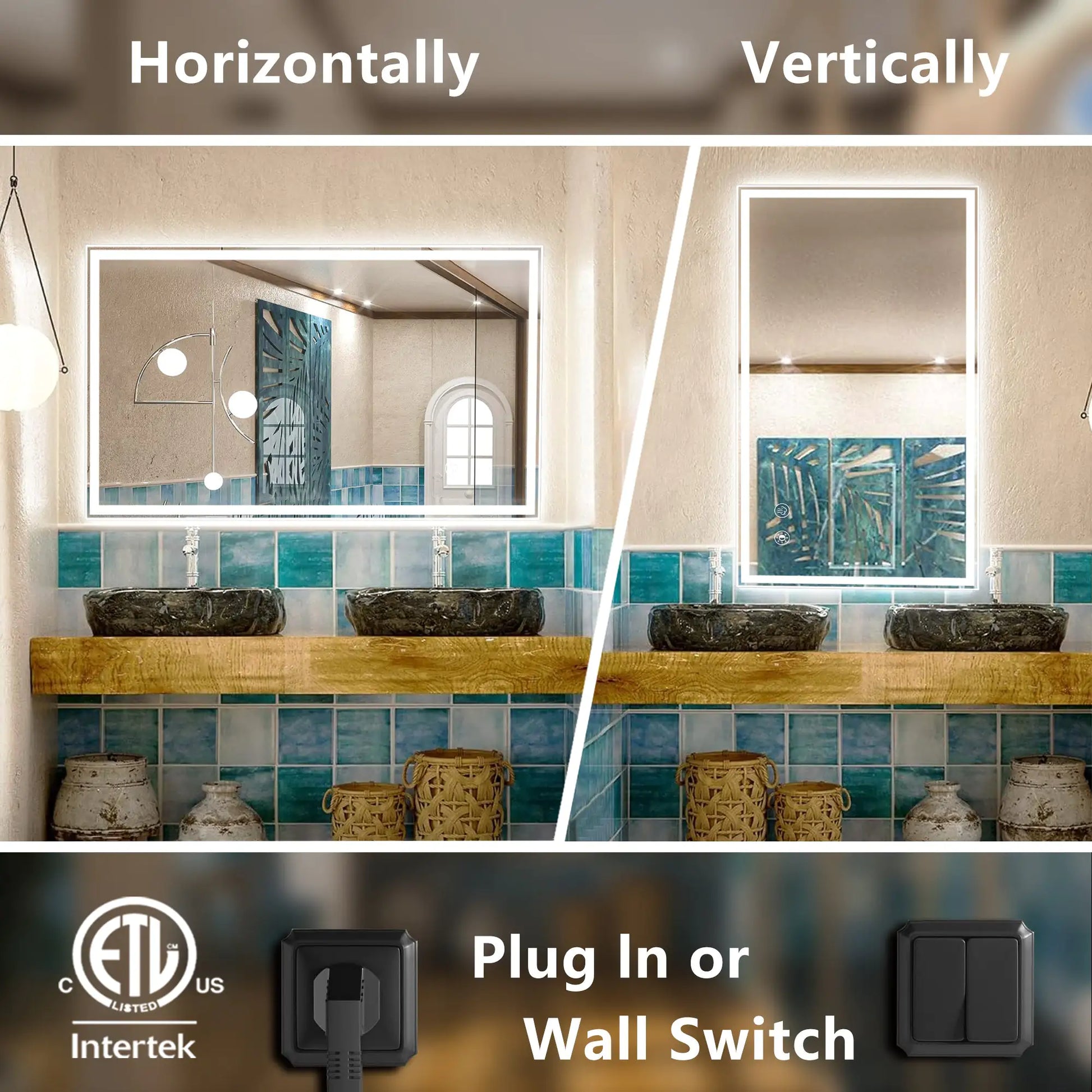 Dimmable LED bathroom mirror shown in horizontal and vertical orientations with plug in or wall switch option