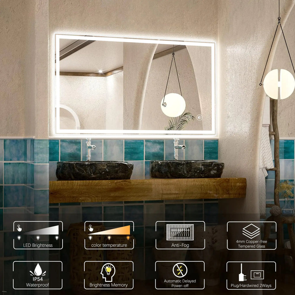 Modern dimmable LED bathroom mirror with anti-fog, adjustable brightness, and IP54 waterproof feature