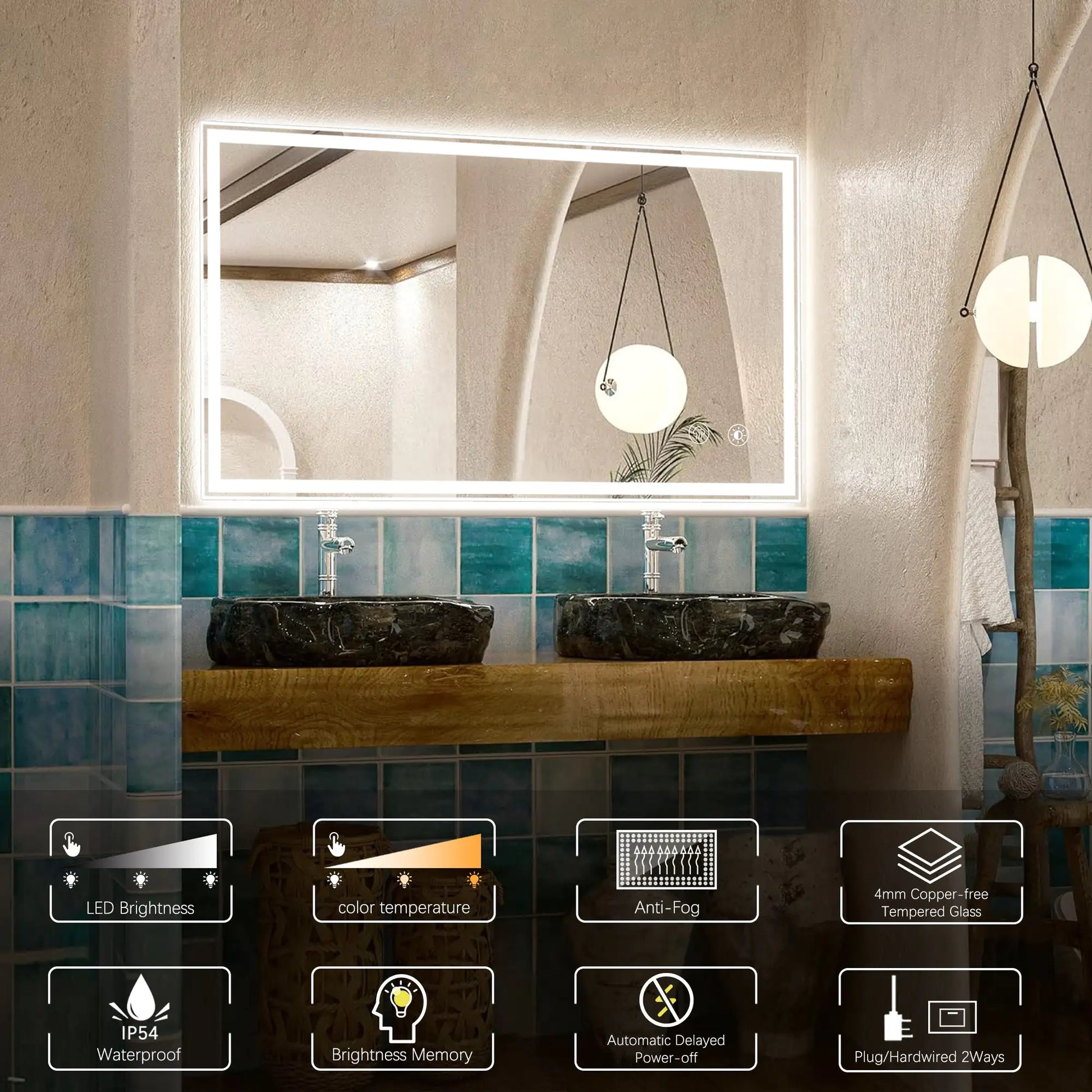 Modern dimmable LED bathroom mirror with anti-fog, adjustable brightness, and IP54 waterproof feature